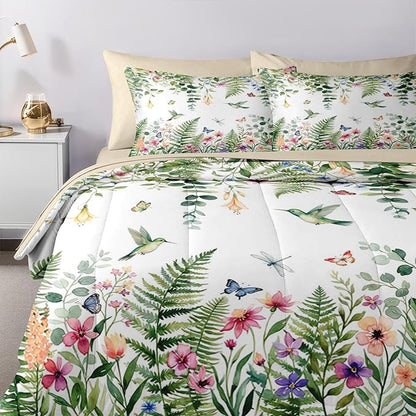 Nesker 7 Pcs Spring Comforter Set Full Size, Floral Hummingbird Butterfly Bedding Set for Kids and Adults, Fern Botanical Nature Bed Sheet Sets with Fitted Sheet 2 Pillowcases & 2 Shams