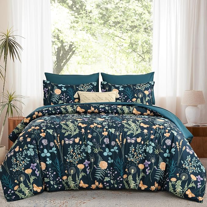 Yiran Floral Full Size Comforter Set, 7 Piece Peacock Blue Comforter Bedding Set, Spring Bed in a Bag with Botanical Flowers Pattern, Soft Microfiber Complete Bedding Set with Sheets for All Season
