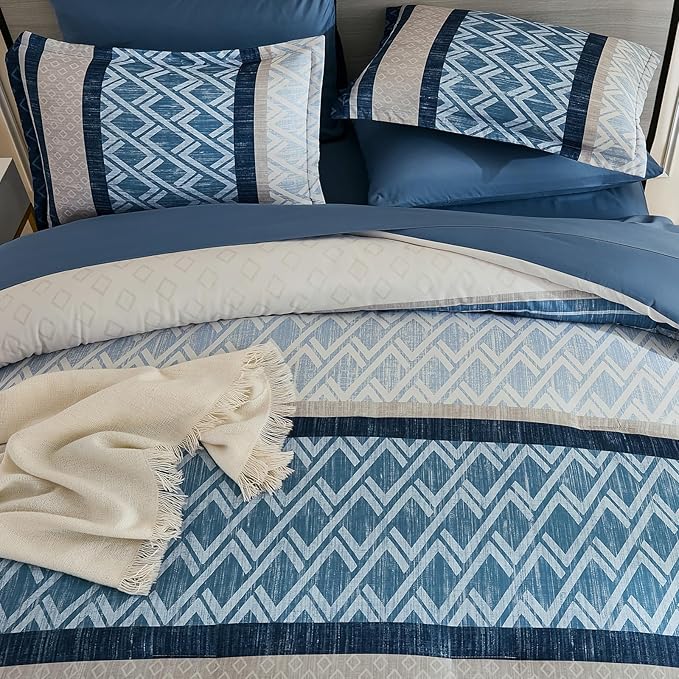 Cottolester King Comforter Set 7 Pieces Blue Boho Striped Bed in a Bag,Soft Microfiber Complete Bedding Sets