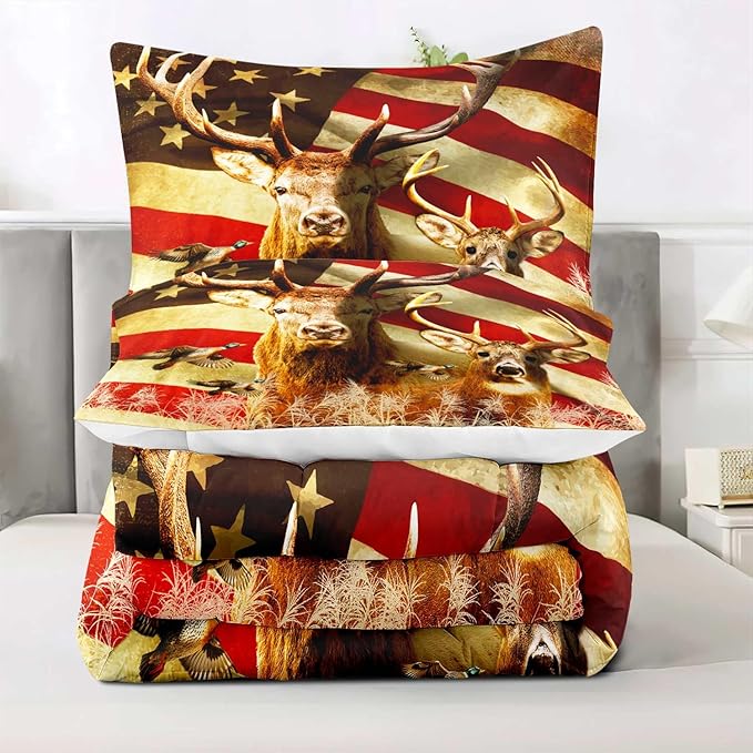 LUVIVIHOME 3PCS Deer Comforter Set Full Size, Camo Bedding, 4th of July American Flag Mallard Duck Forest Animal Wildlife Hunting Hunter Country Rustic Farmhouse Cabin Bedroom Decor, 2 Pillow Shams