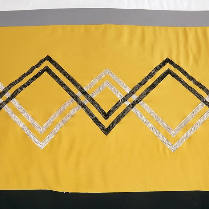 Chezmoi Collection Arden 7-Piece Modern Pleated Stripe Embroidered Zigzag Bedding Comforter Set (Oversized King, Turmeric/Black/Silver Gray/White)