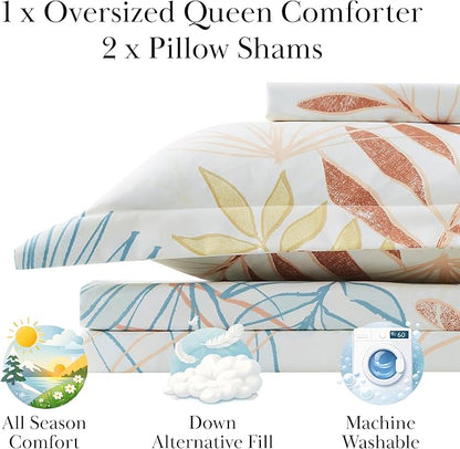 Southshore Fine Living, Inc. 3-Piece Full/Queen Size Comforter Set with 2 Pillow Shams, Double Brushed Microfiber Fabric, Down Alternative Comforter, Tropical Leaf Cream