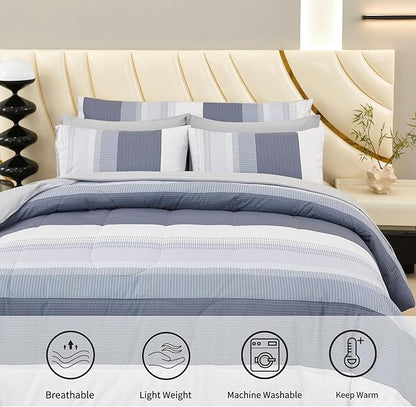 RYNGHIPY Queen Size Bed Sets 8 Pieces: Light Grey Stripe Bedding Comforter Sets Soft Fluffy Microfiber Bed in A Bag All Season Bedding Set (Queen,Light Grey)