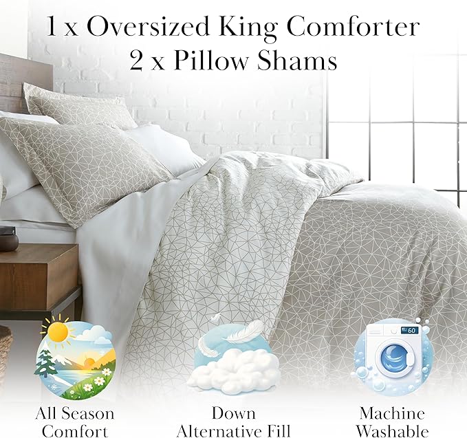 Southshore Fine Living, Inc. Cal King Lightweight Comforter Set with 2 Pillow Shams, Reversible Bedding Set - Geometric Print - Alternative Down Comforter for California/King Bed, Taupe & White