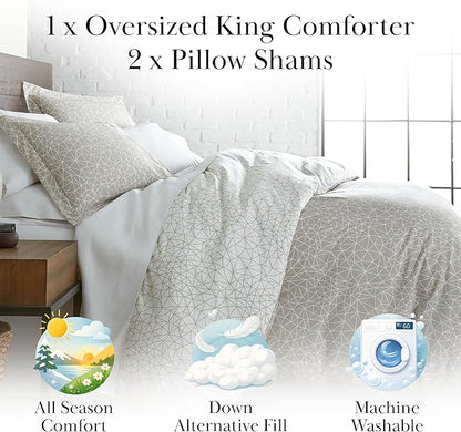 Southshore Fine Living, Inc. Cal King Lightweight Comforter Set with 2 Pillow Shams, Reversible Bedding Set - Geometric Print - Alternative Down Comforter for California/King Bed, Taupe & White