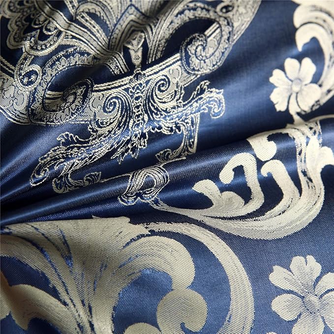 Comforter Set Satin Silk Blanket All Season Bed Luxury Royal Blue Jacquard Quilt Bedding Sets Matching 2 Pillow Shams (Full/Queen, 88x88 inches, 3 Pieces)
