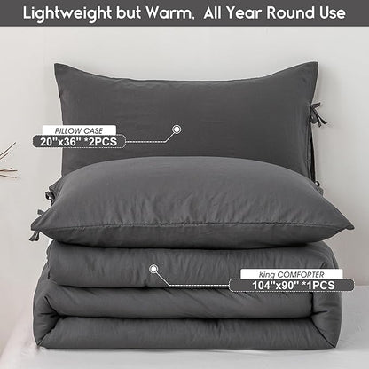 King Bed Comforter Set, Super Soft Washed Polycotton Fabric, Cozy Comfy Down Alternative Bed Blanket 1 Comforter Set & 2 Pillowcase Lightweight but Warm for All Season Use,King Dark Grey