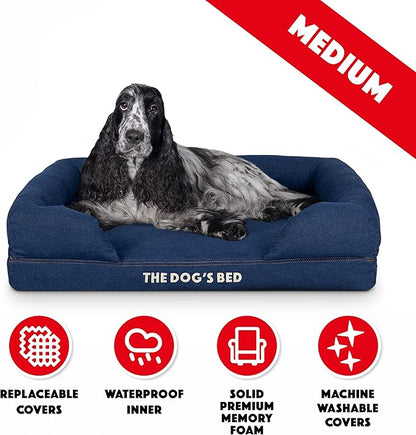 The Dog’s Bed Orthopedic Memory Foam Dog Bed with Bolsters, Oxford Fabric, Blue Denim, M