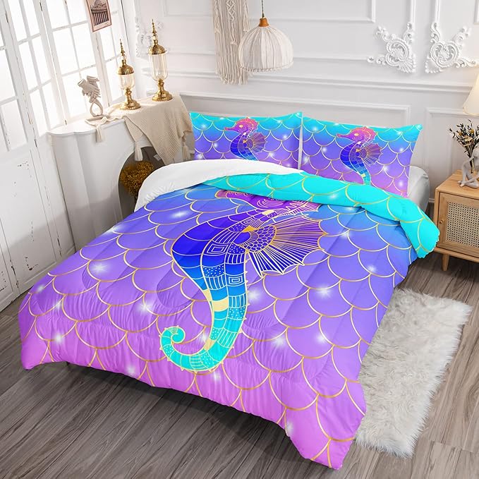 HOSIMA Mermaid Fish Scales Bedding Sets,Seahorse Printed Ocean Animal Rainbow Bedding Glitter Star Themed Full Comforter Set for Girls Kids Room Decor,Bed Set for Girls with 2 Pillowcases.