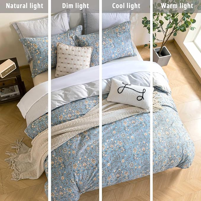 Smoky Blue Botanical Cotton Comforter Queen Size - 3PC Lightweight Bedding Sets with Soft Fill, Luxurious Vintage-Inspired Floral Patterns, Light Gray Striped Reversible Design