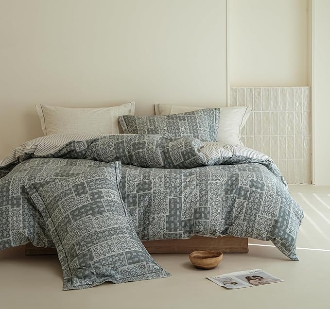 Queen Size Cotton Comforter Set, 3Pcs Blue Patchwork Duvet for All Seasons, Luxury Warmth Breathable Bedding Set with 1 Lightweight Comforter and 2 Pillow Shams