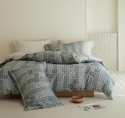 Queen Size Cotton Comforter Set, 3Pcs Blue Patchwork Duvet for All Seasons, Luxury Warmth Breathable Bedding Set with 1 Lightweight Comforter and 2 Pillow Shams