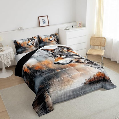Erosebridal Wolf Full Bedding Set,Hunting Wolf Comforter Set for Kids Adults Room Decor,Wildlife Safari Bed Set Rustic Mountain Scene Theme Bedding Comforter Sets,2 Pillowcases
