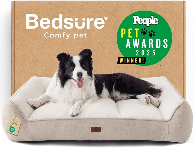 Bedsure SupportMax Orthopedic Dog Beds Large Sized Dog - Extra Thick Supportive Large Dogs Bed with Waterproof Washable Cover, L Plus Comfort Pet Sofa with Soft Sherpa and Nonskid Bottom, Beige, 38"