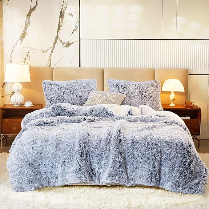 Luxury Faux Fur Shaggy Comforter Set Twin Size, Plush & Sherpa Reversible Comforter Grey with White, 3 Pieces Fluffy Fuzzy Bedding Set Ultra Soft and Warm for Winter (1 Comforter + 2 Pillowcases)