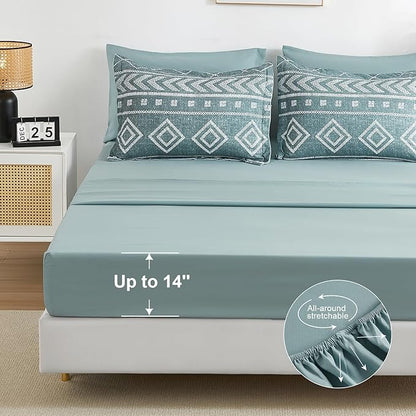 Yiran Boho Aztec Comforter Set Queen Size, Grayish Blue Comforter Bedding Set, 7 Piece Bed in a Bag, Soft Microfiber Bohemian Striped Complete Bedding Set with Sheets for All Season