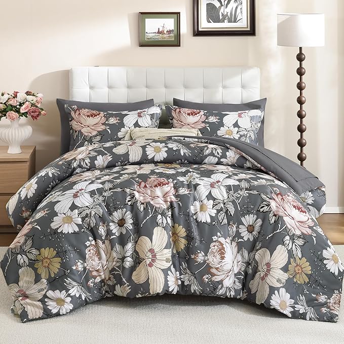 Luxudecor King Comforter Set 7 Pieces Bedding Sets,Gray Floral Comforter and Sheet Set,Soft Microfiber Bed in a Bag for All Seasons (Gray,104"x90")