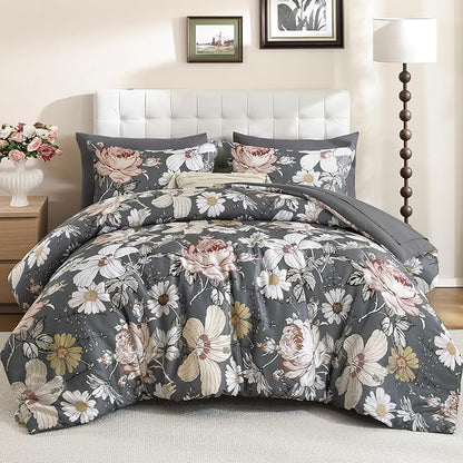 Luxudecor King Comforter Set 7 Pieces Bedding Sets,Gray Floral Comforter and Sheet Set,Soft Microfiber Bed in a Bag for All Seasons (Gray,104"x90")