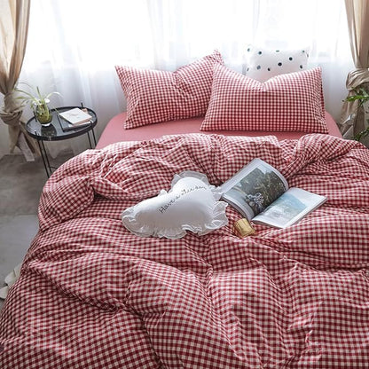mixinni Red Gingham Comforter Set Queen, Plaid Comforter Set 3 Pieces 1 Red Grid Comfoter with 2 Pillow Cases for All Seasons, Soft Fluffy Modern Grid Pattern Printed Bedding-Queen Size