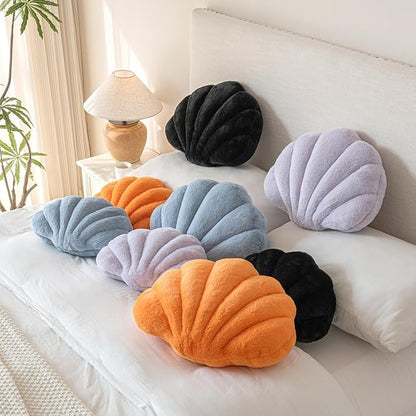 Shell Pillow, Seashell Throw Pillow with Soft Rabbit Plush for Couch Bed, Shell Shaped Decorative Ocean Pillow Stylish Beach Cushion Room Aesthetic Home Decor (Orange, 18 X 13 Inches)