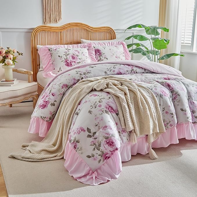 Flower Comforter Set Queen Size 90 * 90in - White Pink Floral Style -3 Pieces Shabby Chic Farmhouse Bedding Set with Ruffled Fringe Rustic Lightweight Botantical Ruffle Comforter with Shams