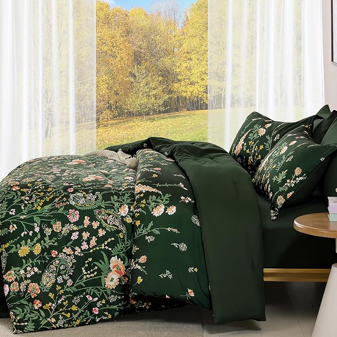 Yiran Dark Green Floral Comforter Set Queen Size, 7 Piece Botanical Flowers Comforter Bedding Set, Bed in a Bag Queen, Soft Microfiber Complete Bedding Set with Sheets for All Season