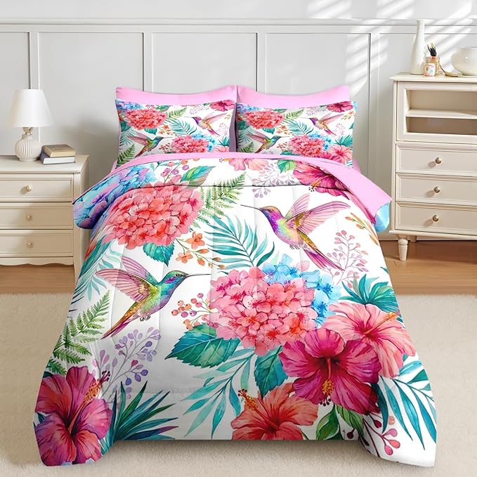 Nesker 7 Pcs Spring Comforter Set King Size, Hummingbird Floral Bedding Set for Kids and Adults, Pink Tropical Botanical Bed Sheet Sets with Fitted Sheet 2 Pillowcases & 2 Shams