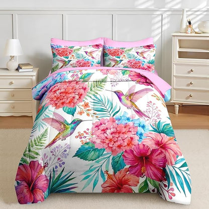 Nesker 7 Pcs Spring Comforter Set King Size, Hummingbird Floral Bedding Set for Kids and Adults, Pink Tropical Botanical Bed Sheet Sets with Fitted Sheet 2 Pillowcases & 2 Shams