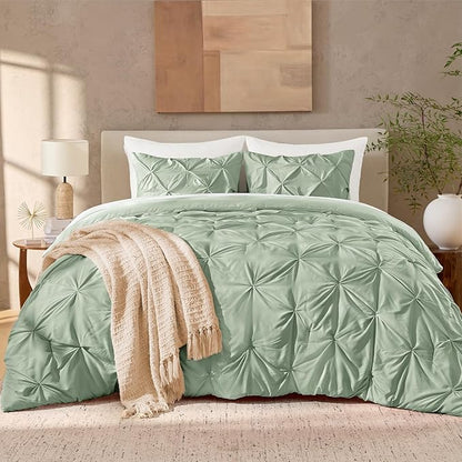 Andency Sage Green Pinch Pleated Comforter King(104x90Inch), 3 Pieces Pintuck Lightweight Comforter Set, Soft Microfiber Down Alternative Bedding Set