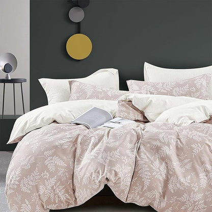 Natural Cotton 3pcs Botanical Comforter Sets Queen Size-Dusty Pink Comforter with Luxurious White Leaves & Branches, Reversible Lightweight Beige Bedding Sets(Full/Queen)