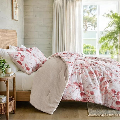 Lightweight Seersucker Botanical Comforter Set Queen Size, Reversible Design with Striped Print, Premium Microfiber Bedding Set, Comforter and Sham Set, Pink
