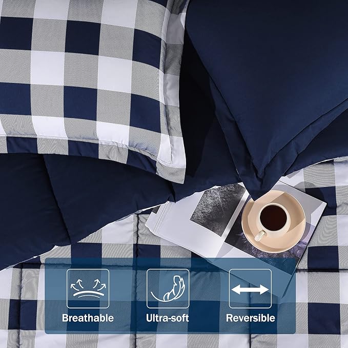 downluxe Lightweight Plaid Comforter Set (Twin) with 1 Pillow Sham - 2-Piece Set - Blue/White Plaid - Down Alternative Reversible Comforter