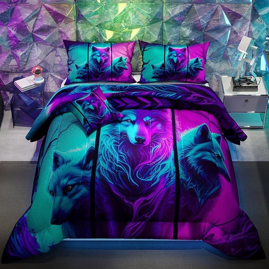 Namoxpa6 Pieces Wolf Comforter Sets,3D Purple Pattern,Decorative 6 Piece Bedding Sets with Comforter,Flat Sheet,Fitted Sheet,Throw Pillow Cover,Pillow Shams,Queen Size