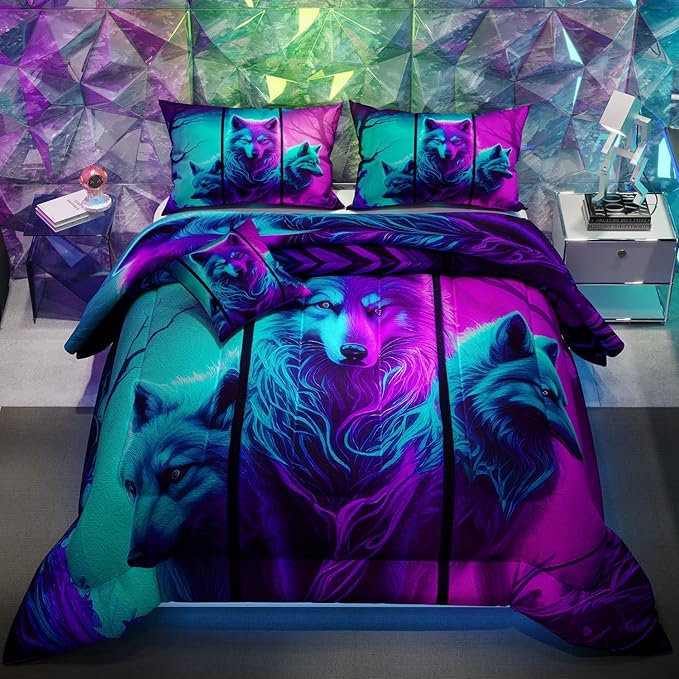Namoxpa6 Pieces Wolf Comforter Sets,3D Purple Pattern,Decorative 6 Piece Bedding Sets with Comforter,Flat Sheet,Fitted Sheet,Throw Pillow Cover,Pillow Shams,Twin Size