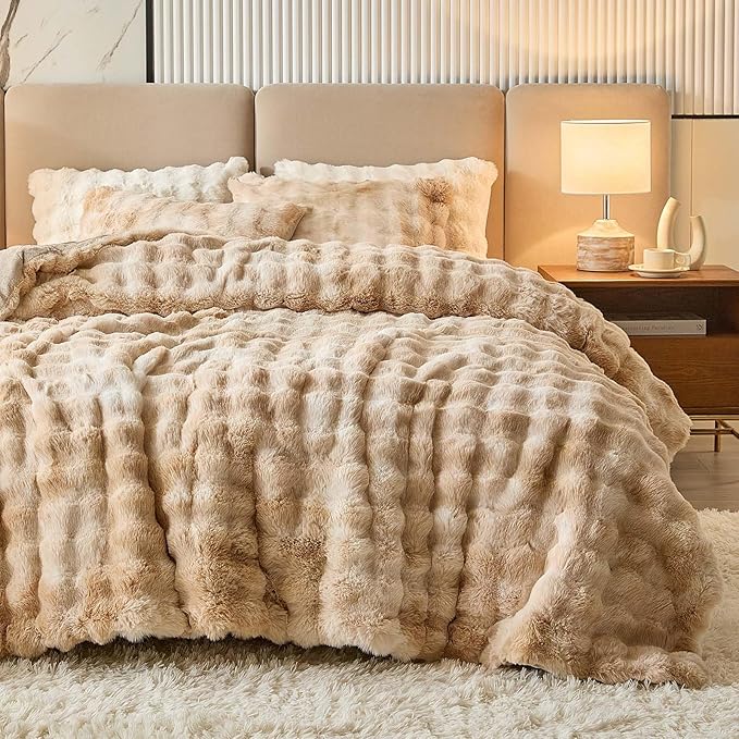 Queen Faux Rabbit Fur Comforter Set - 3 Pieces Fluffy Bedding Set Ultra Soft Warm Shaggy Winter Flannel Bed Set, Luxury Skin Friendly Sherpa Comforter Set & Pillow for Thanksgiving Tie Dye Coffee