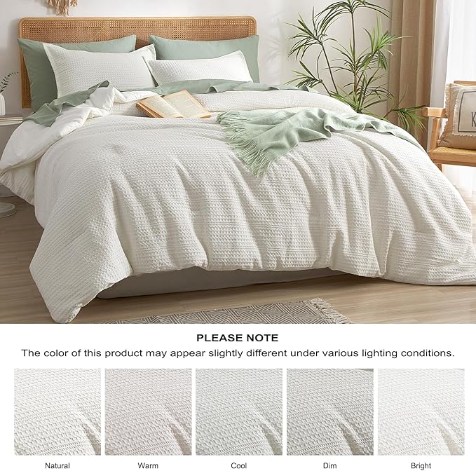 PHF 3 Pieces Cream Waffle Weave Comforter Set King Size - Ultra Soft Textured Waffle Comforter with 2 Pillow Shams, Lightweight Breathable Comfy Bedding Set for All Season, Cream