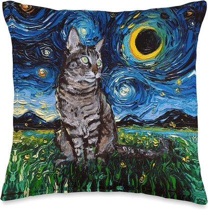 Gray Tabby Tiger Cat Starry Night Moon and Stars Artwork Throw Pillow