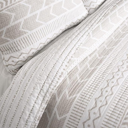 Lush Decor Hygge Geo Pattern Striped 3 Piece Quilt Bedding Set, King, Taupe & White