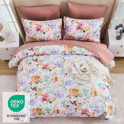 Luxudecor Floral Comforter Set Queen Size 7 Pieces Bed in a Bag, Dusty Rose Pink Flower Watercolor Bed Set, Soft Comforter with Sheet Set 90"x90"