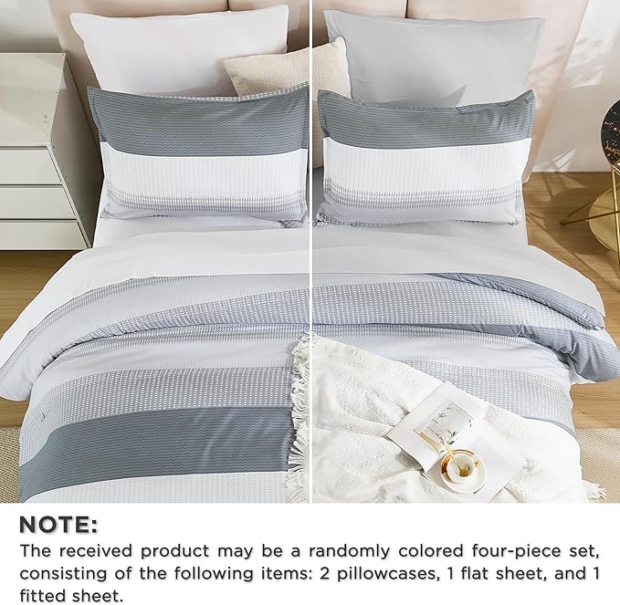 Andency Full Size Comforter Set 7 Pieces - Light Grey Striped Lightweight Bed in a Bag, Soft Microfiber Farmhouse All Season Bedding Set with Comforter, Fitted & Flat Sheet, Pillowcases & Shams
