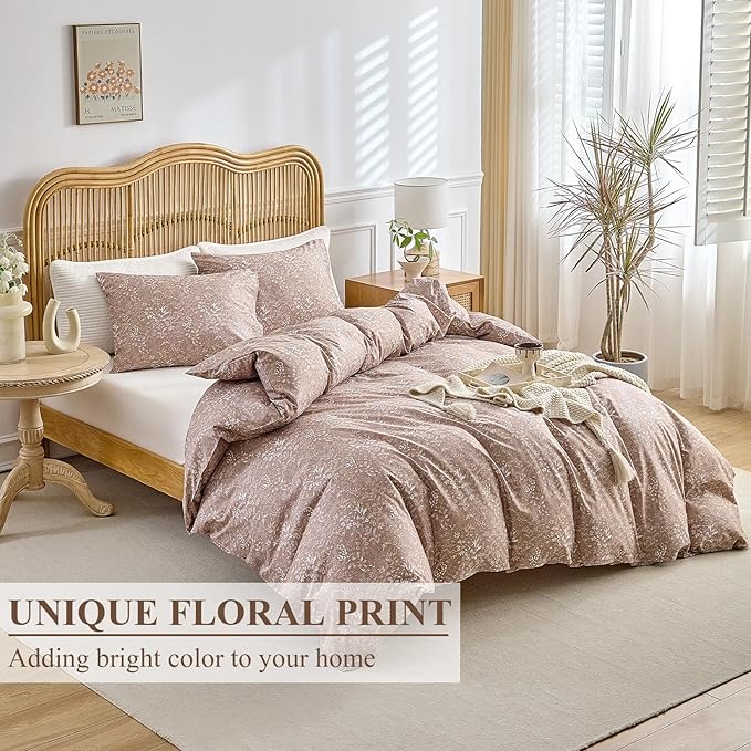 AMWAN Queen Size Comforter Set Khaki Light Brown, 3 Pieces Queen Bedding Sets, Vintage Botanical Bedding Set, 1 Comforter with 2 Pillowcases, Aesthetic Floral Comforter Set Soft for All Seasons