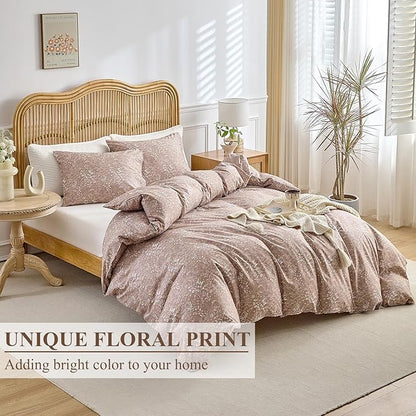 AMWAN Khaki Comforter Set Full 3 Piece, Botanical Bedding Set 1 Comforter + 2 Pillowcases, All Seasons Floral Warm Fluffy Boho Bed Set