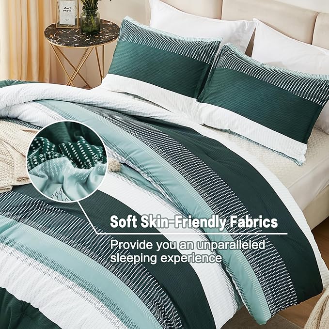 Litanika Dark Emerald Green Bed Comforter Twin/Twin XL Set, 2 Pieces Twin Extra Long Size Boys Men Forest Bedding Set, Single Colorblock Striped Bed Set