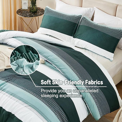Litanika Dark Emerald Green Bed Comforter Queen Set, 3 Pieces Forest Bedding Set, Double Colorblock Stripe Vintage Bed Set (90x90Comforter, 2 Pillowcases)