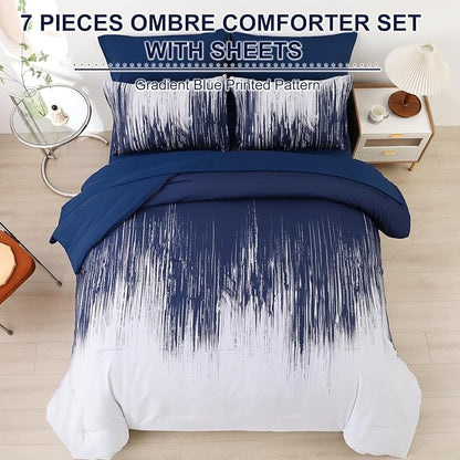 Dinjoy Ombre Blue Comforter Set Cal King Size Gradient Navy Blue White Boho Bedding Set