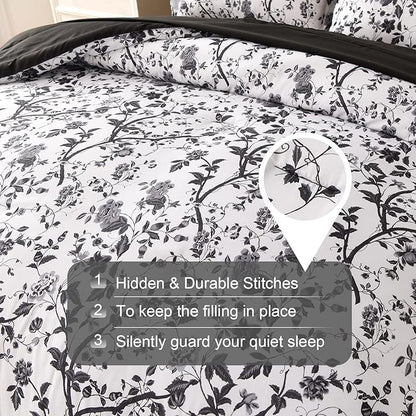 King Size Comforter Set - 7 Pieces Bed in a Bag Soft Microfiber Bedding Comforter Set Leaves Floral Pattern on White Comforter Sets with Sheets for All Seasons (King, Black)