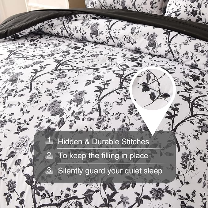Comforter Set for Queen Bed -7 Pieces Bed in a Bag Soft Microfiber Bed Set Black Leaves Floral Pattern on White Spring Queen Comforter Sets with Sheets for All Seasons (Queen, Black)