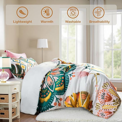 Boho Floral Queen Comforter Set - 3 Piece Farmhouse Botanical Bedding Comforter Sets for All Season Soft Lightweight Mid Century Modern Bed Set, (1 Reversible Comforter and 2 Pillow Shams