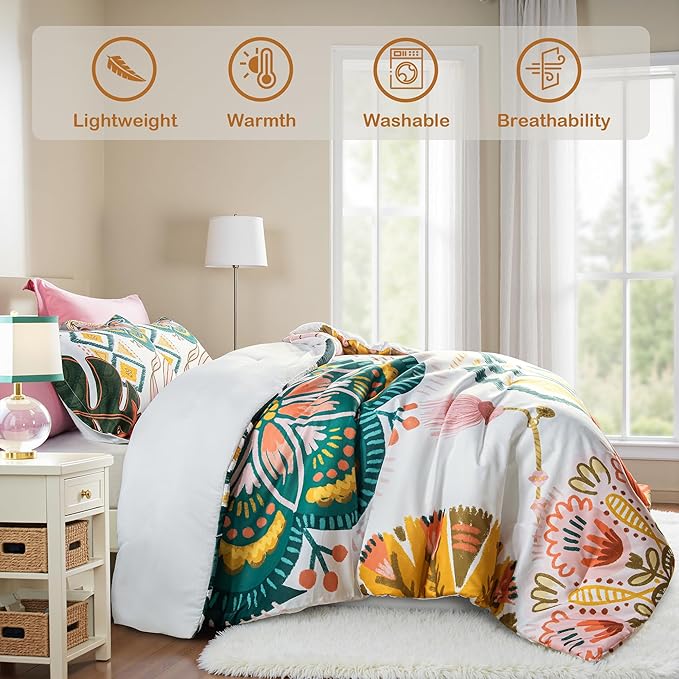 Boho Floral Twin Comforter Set - 2 Piece Farmhouse Botanical Bedding Comforter Sets for All Season Soft Lightweight Mid Century Modern Bed Set, (1 Reversible Comforter and 1 Pillow Sham