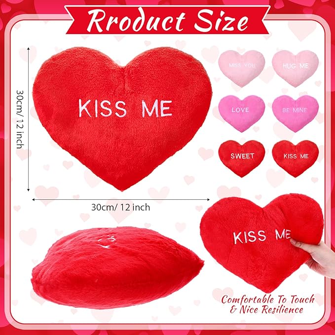 Novabright 6 Pcs Valentines Day Heart Pillows 12", Love Heart Shaped Pillow Plush Throw Pillow, Cute Pink Pillows for Gifts Valentines Day Living Room Bedroom Decor(Conversation)